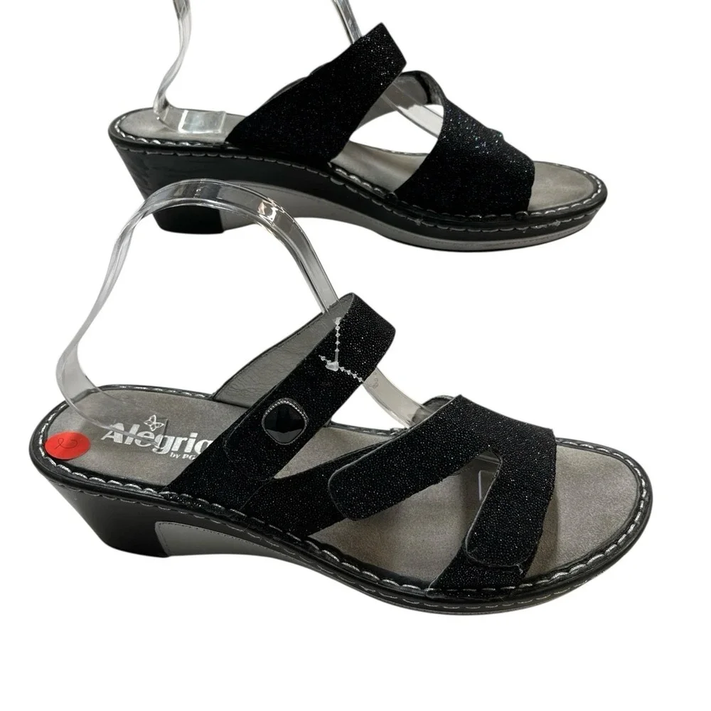 Alegria Loti Sandals Womens 11 Black Leather Sparkle Glitter Wedge Slip On Event